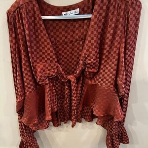 Wayf Brown and Orange Ruffled Tie Front Blouse